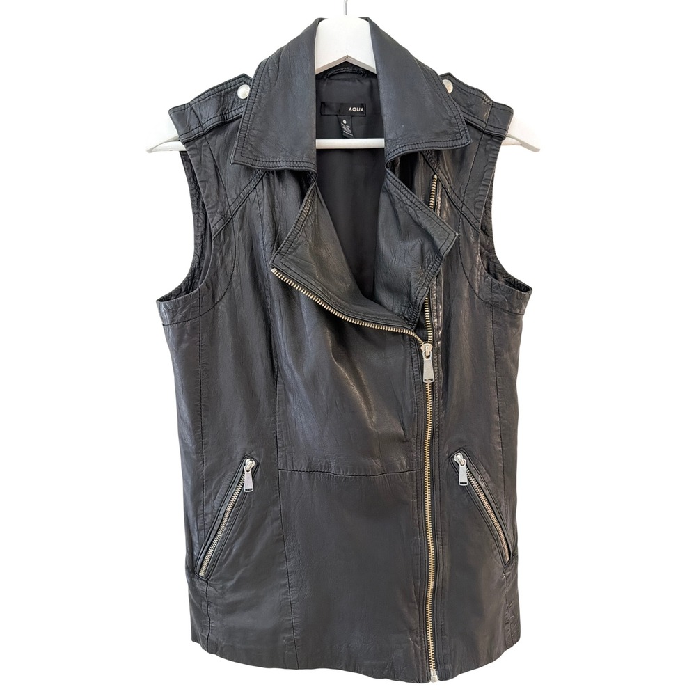Aqua Womens Sz XS Black 100 Leather Moto Biker Vest Asymmetrical Zip WPL